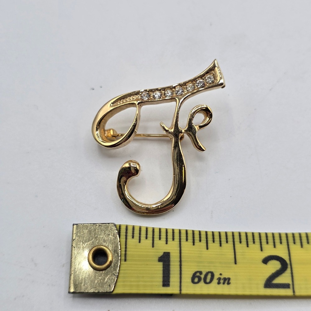 Gold Tone Rhinestone Script Initial Letter F Brooch Cursive Monogram Pin Classy - Picture 6 of 7